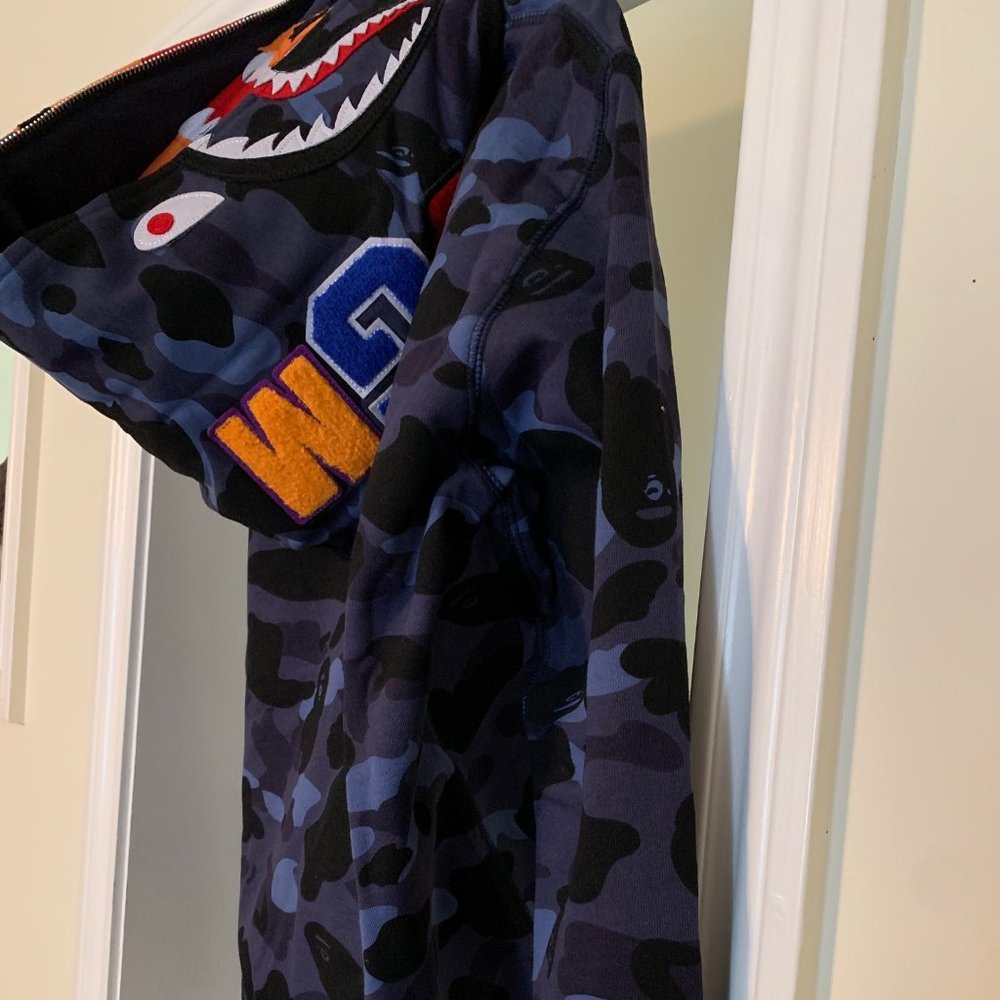 Bape BLUE Camo Tiger Shark Wide Full Zip Double Hood Hoodie LARGE Bathing Ape - Picture 5 of 16